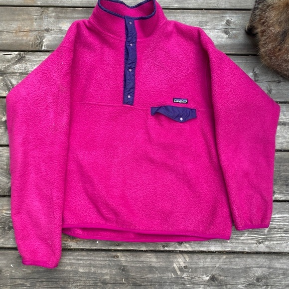 Vintage 90s Patagonia Snap Fleece Sweater Large Pink - Picture 14 of 15